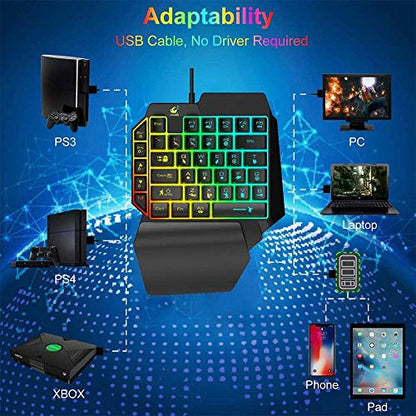 One Hand Gaming Keyboard and Mouse Combo, Wired 39 Keys Mechanical Feel Rainbow Backlit with Wrist Rest For PC/Xbox/PS4 Portable Mini Single-Handed Keyboard&RGB Gaming Mouse(Black)