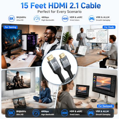 Long 8K HDMI Cable 15FT, 48Gbps Ultra High Speed 8K@60Hz 4K@120Hz Gaming HDMI 2.1 Cable Cord, Dynamic HDR, eARC HDCP 2.2&2.3, DTS:X,RTX 3090 for PS5 Xbox SoundBar UHD TV Monitor