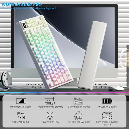 Womier 75% Wireless Mechanical Keyboard with Color Multimedia Screen | PC Gaming Keyboard, 3-Modes Hot Swappable Shine Through Manga Keyboard w/Wrist Rest, Gasket RGB Custom for Mac/Win (SK80 PRO） - color: White-1