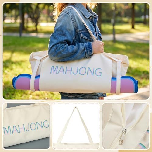 Abbylike 28x9 Inches Mahjong Bag for Rolled Mat Tiles Racks Pushers Accessories Empty Mahjong Tote Bag with Zipper Closure Outer Pockets Lining Large Capacity(Beige,Canvas) - color: Beige