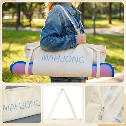 Abbylike 28x9 Inches Mahjong Bag for Rolled Mat Tiles Racks Pushers Accessories Empty Mahjong Tote Bag with Zipper Closure Outer Pockets Lining Large Capacity(Beige,Canvas) - color: Beige