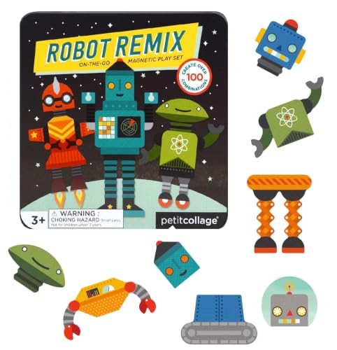 Petit Collage Magnetic Play Set, Robot Remix – Mix & Match Magnetic Game Board, Ideal for Ages 3+ – Includes 2 Magnetic Scenes and over 25 Magnet Pieces, Ideal Travel Activity for Kids - color: Mag Play Set Robot Remix
