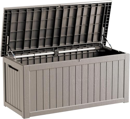 270 Gallon Outdoor Storage Box, Waterproof Resin Deck Container with Lockable Lid, Patio Organizer for Cushions & Garden Tools, Slate Grey - color: Grey, size: 270GAL
