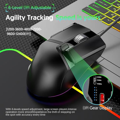 RGB Wired Gaming Mouse, Ergonomic Design with 11 Programmable Buttons and 12400 DPI, Dual Scroll Wheels and 7 Lighting Modes for PC