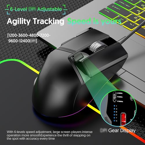 RGB Gaming Mouse, Ergonomic Wired Mouse with 7 Lighting Modes and 11 Programmable Buttons, Adjustable DPI 1200 to 12400, for PC Gaming and Competitive Play