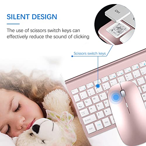 Wireless Keyboard and Mouse Ultra Slim Combo, TopMate 2.4G Silent Compact USB 2400DPI Mouse and Scissor Switch Keyboard Set with Cover, Batteries Included, for PC/Laptop/Windows/Mac - Rose Gold White - color: Rose Gold White