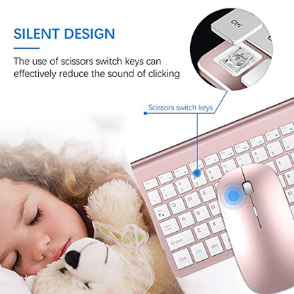 Wireless Keyboard and Mouse Ultra Slim Combo, TopMate 2.4G Silent Compact USB 2400DPI Mouse and Scissor Switch Keyboard Set with Cover, Batteries Included, for PC/Laptop/Windows/Mac - Rose Gold White - color: Rose Gold White