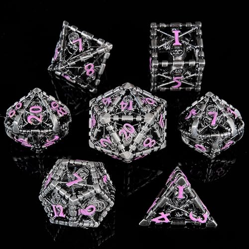 Hollow Grim Reaper Metal DND Dice Set, 7-Piece Polyhedral RPG Dice with Purple Numbers, 3D Hollow Wizard Skeleton Design with Metal Tin Box for D&D, RPGs, MTG, and Board Games - color: Hollow Wizard Silver