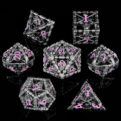 Hollow Grim Reaper Metal DND Dice Set, 7-Piece Polyhedral RPG Dice with Purple Numbers, 3D Hollow Wizard Skeleton Design with Metal Tin Box for D&D, RPGs, MTG, and Board Games - color: Hollow Wizard Silver