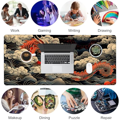 Desk Pad, Japanese Wave and Red Dragon Auspicious Clouds XXL Gaming Mouse Pad with Stitched Edges,Non-Slip Waterproof Rubber Base Large Desk Mat for Keyboard and Mouse 35.4"x15.7" - color: Colour5, size: 35.4" x 15.7"