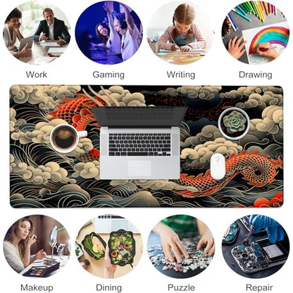Desk Pad, Japanese Wave and Red Dragon Auspicious Clouds XXL Gaming Mouse Pad with Stitched Edges,Non-Slip Waterproof Rubber Base Large Desk Mat for Keyboard and Mouse 35.4"x15.7" - color: Colour5, size: 35.4" x 15.7"