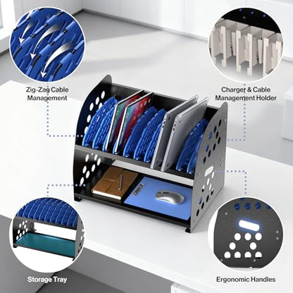 POCHAR 10-Device Open Charging Station for Chromebooks Tablets with Sockets | Laptop Storage Rack with Cable Management & Storage Space, Multi-Device Charging Organizer for Classroom, Office, Hospital - size: 10 Laptops