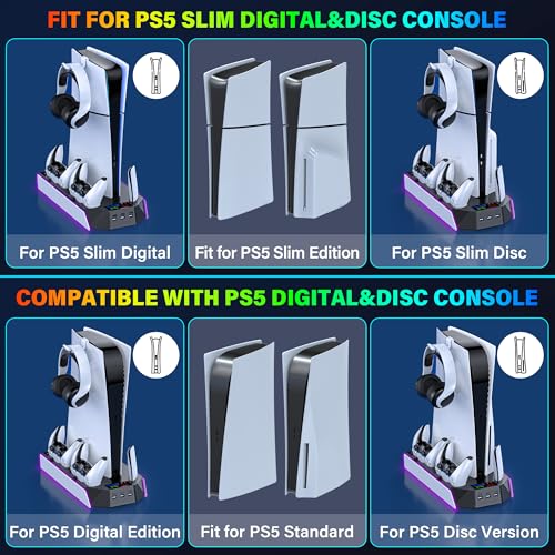 PS5/PS5-Slim-Cooling-Station-with-Controller-Charging-Station for PlayStation 5 Console Disc/Digital, LED Light Cooling Stand with Cooler Fan for PS5 Accessories with 3 USB Hubs/Headset Holder