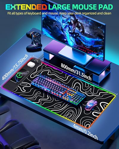 Wireless Charging Mouse Pad, RGB Gaming Mousepad, 31.5"x15.7" in | Extra Large Desk Mat, 13 Light Modes, Non-Slip Rubber Base, Waterproof Computer Keyboard Mat, Black Topographic Line - color: Black Topographic