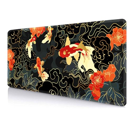 IMAYONDIA Japanese Koi Desk Mat (35.4x15.7 in), Extended Large Gaming Mouse Pad, Long Desk Pad with Stitched Edge, Black Gold Mouse Mat Desk Pad Office Accessories Decor Gift - color: Japanese Koi