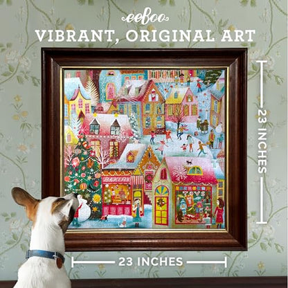 eeBoo Holiday Village 1000 Piece Square Jigsaw Puzzle, 23" x 23" | Double coated, sturdy & dust free pieces with a satisfying snap. Includes full color reference insert. Vibrant, original art - style: Holiday Village piece Puzzle