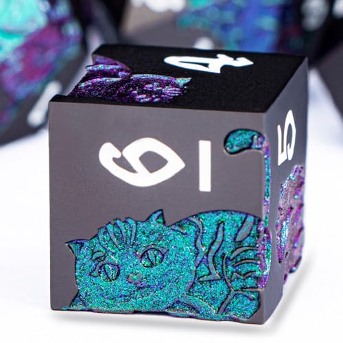 Metal DND Cat Dice 7PCS Polyhedral RPG Dice Set with Gift Case for Dungeons Dragons Role Playing Game, D and D Dice D6 D8 D10 D12 D20 D% (Purple Green) - color: Cat-purple Green&black