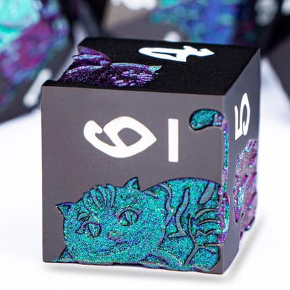 Metal DND Cat Dice 7PCS Polyhedral RPG Dice Set with Gift Case for Dungeons Dragons Role Playing Game, D and D Dice D6 D8 D10 D12 D20 D% (Purple Green) - color: Cat-purple Green&black