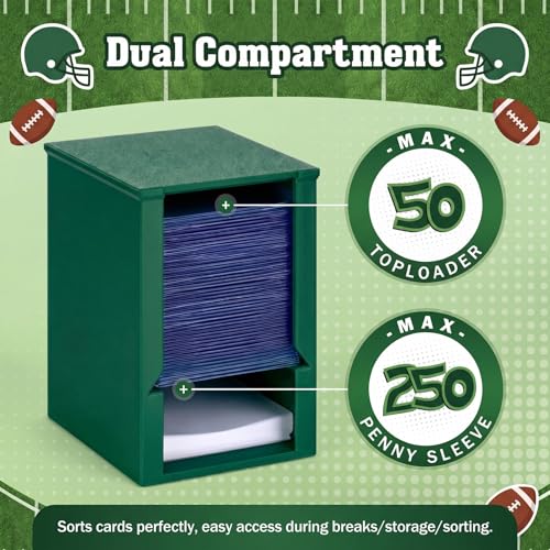 Toploader Dispenser & Penny Sleeve Holder - Dual Compartment Holds 250 Penny Sleeves & up to 50 Top Loaders, Stackable Card Storage Box with Dustproof Lid (Green) - color: Green