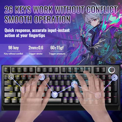 Mechanical Gaming Keyboard with Red Switches: 98 Keys PC Gaming Keyboard with Backlit，Multi-Function Volume & Lighting Knob,Anti-Ghosting Wired USB keybaord for Elite PC/Mac Gamers