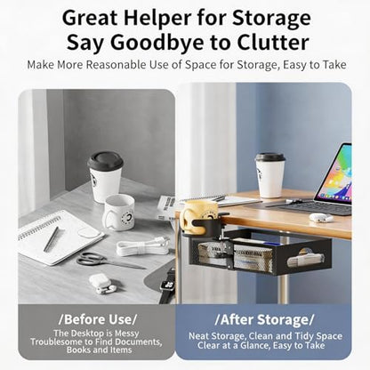 Clamp-On Under Desk Organizer with Cup Holder, 360° Rotating Mesh Drawer with Cable Hole, No-Drill Desk Drawer Organizer for Gaming Desk Accessories, Office Supplies, Coffee Mug, Dorm(2 in1)