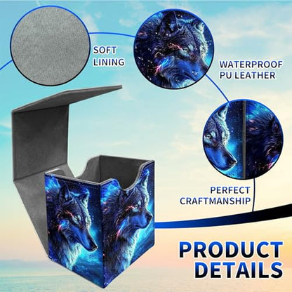 Blue Wolf Deck Box - MTG Commander Case for 100+ Sleeved Trading Cards, PU Leather Magnetic Storage Box for TCG CCG Magic Cards - color: Card Deck Box-579