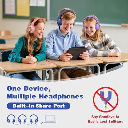 SIMOLIO Kids Wired Headphones with Mic, USB C & 3.5mm, 3-Level Safe Volume, Share Port & Pouch, Stereo Sound& Passive Noise Cancelling, Foldable Over Ear Headsets for Tablet Kindle iPhone iPad Travel - color: Purple USB C&3.5mm