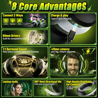 Wireless Gaming Headset for PS5 PC | 2.4GHz+BT - Play While Charging | Over Ear, 2.4GHz low-latency, Bluetooth 5.3. 100H battery life. 7.1 surround sound for FPS, Battle Royale, Switch,Mobile.