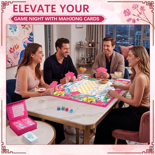 Soulchen 168-Piece PVC American Mahjong Card Print Set,Blossom,Hot Pink | Lightweight Waterproof Format with 4 Dice and Storage Case, for Clubs, Pool, Cruises, Trips, Family Game Nights - color: Hot Pink, style: Blossom