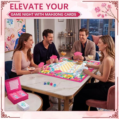 Soulchen 168-Piece PVC American Mahjong Card Print Set,Blossom,Hot Pink | Lightweight Waterproof Format with 4 Dice and Storage Case, for Clubs, Pool, Cruises, Trips, Family Game Nights - color: Hot Pink, style: Blossom