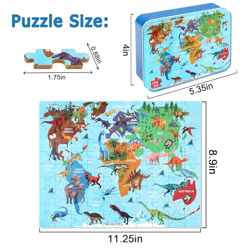 LELEMON Puzzles for Kids Ages 4-6,Dinosaur Map 100 Piece Puzzles for Kids Ages 6-8 in a Metal Box,Educational Jigsaw Puzzles,Childrens 100 Piece Puzzle Games Puzzle Toys for Girls and Boys - color: Dinosaur Map