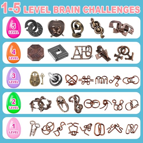 32 Pack Brain Teaser Puzzles & Colorful Easter Eggs - Challenging Metal Wire Puzzles for Kids & Adults - DIY Easter Basket Stuffers, Family Logic Games, Party Favors - style: 32PCS Metal Puzzles