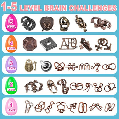 32 Pack Brain Teaser Puzzles & Colorful Easter Eggs - Challenging Metal Wire Puzzles for Kids & Adults - DIY Easter Basket Stuffers, Family Logic Games, Party Favors - style: 32PCS Metal Puzzles
