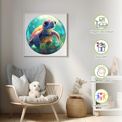 Wooden Puzzles for Kids Ages 4-8, Sea Turtle Puzzle, Unique Animal Shaped Wooden Jigsaw Puzzles for Kid, 50 Pieces Puzzles for Kids(50pcs,11.4 * 11.4in) - color: Baby Turtle
