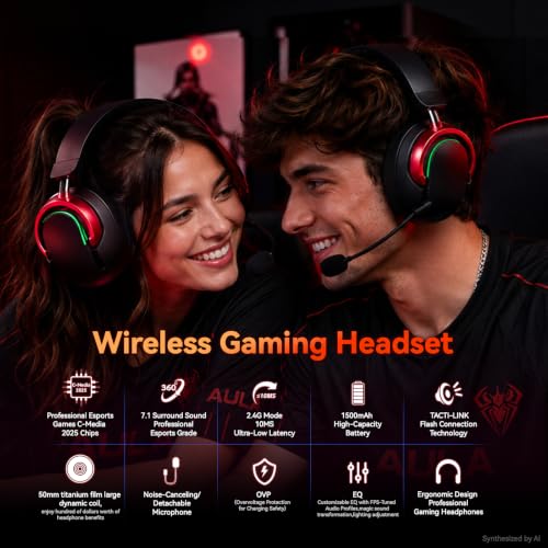 Wireless Gaming Headset with Mic Over Ear Headphones for PC,Xbox,PS5,Switch | 7.1 Surround Sound,50mm Drivers,Aluminum Frame,Noise Cancelling,RGB,Soft Ear Pads,Multi Platform Headset for Laptop Phone Mac