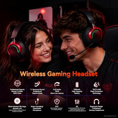 Wireless Gaming Headset with Mic Over Ear Headphones for PC,Xbox,PS5,Switch | 7.1 Surround Sound,50mm Drivers,Aluminum Frame,Noise Cancelling,RGB,Soft Ear Pads,Multi Platform Headset for Laptop Phone Mac