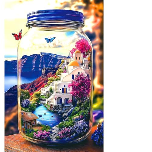 500 Piece Jigsaw Puzzles for Adults World in a Jar Santorini Landscape Puzzles with Letters on Back Fun Family Blue Greek Island Scenery Puzzle for Seniors & Adults - color: Santorini Landscape