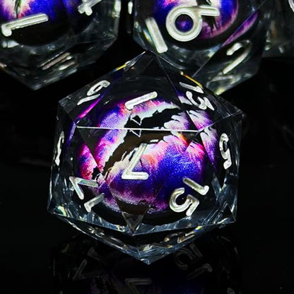 HAOMEJA Resin Dragon Eye DND Dice Set D&D 7 Pcs Resin Sharp Edge Role Playing Dice with Dragon Eye Dice Bag,Polyhedral Dungeons and Dragons Dice D20 D12 D10 D100 D8 D6 D4 (Black & Eye Purple) - color: 7 Eye Purple & Black