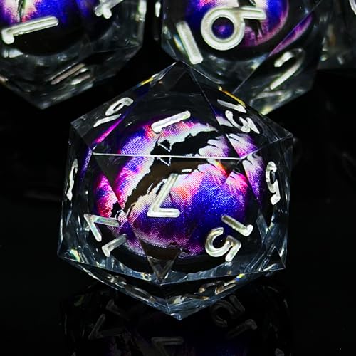 HAOMEJA Resin Dragon Eye DND Dice Set D&D 7 Pcs Resin Sharp Edge Role Playing Dice with Dragon Eye Dice Bag,Polyhedral Dungeons and Dragons Dice D20 D12 D10 D100 D8 D6 D4 (Black & Eye Purple) - color: 7 Eye Purple & Black