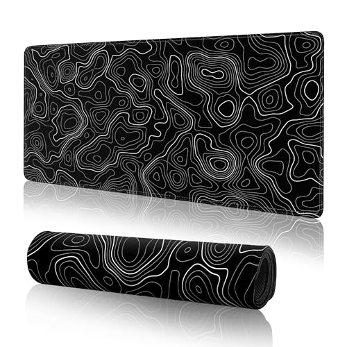 Topographic Gaming Mouse Pad Large Desk Mat,Black Mouse Pad Gaming Desk Pad,31.5 x 11.8 Keyboard Pad Minimalist Mouse Pads for Desk,Extended Mouse Mat Mousepad with Non-Slip Base and Stitched Edge - color: Black Topographic Contour