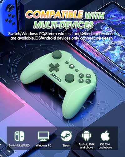 Switch Controller for Nintendo Switch/OLED,Hall Effect One-Piece Joypad with Turbo/4 Looping Macro Buttons/Wake Up/9 colors RGB,Includes 4 game card slots wireless handheld controller (Green) - color: Green