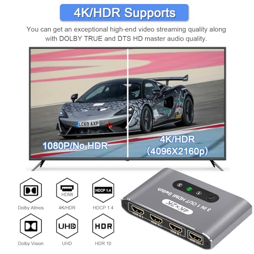 HDMI Switch 3 in 1 Out, 4K@60Hz HDMI Splitter with Remote Control, 3 Ports HDMI Switcher, Perfect for Full HD 4K 1080P 3D Video Roku Fire TV Blu-ray Players Stick Apple PS4/PS5 Xbox Chromecast (Grey) - color: Grey