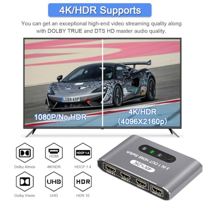 HDMI Switch 3 in 1 Out, 4K@60Hz HDMI Splitter with Remote Control, 3 Ports HDMI Switcher, Perfect for Full HD 4K 1080P 3D Video Roku Fire TV Blu-ray Players Stick Apple PS4/PS5 Xbox Chromecast (Grey) - color: Grey