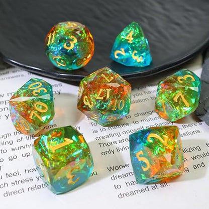 XENOLUX DND Dice Set Polyhedral Resin Dice with Diamond Cut Sharp Edges Holographic Foil Faceted Gemstone Two Color Mixed RPG TTRPG Board Games Tabletop Accessories with Metal Case - RD-Mixed2 - color: Rd-mixed 2