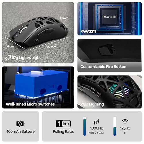 MechLands Aula SC620 Gaming Mouse, 2.4G/USB-C/BT Wireless Mouse with 400mAh Battery, Adjustable 12,000 DPI & 1000 Polling Rate, PAW3311 Sensor, RGB Lighting, Programmable Buttons, for Win/Mac (Black) - color: Black
