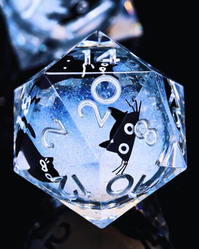 Froggod 싱글 리퀴드 코어 캣 D20 주사위 - DND, RPG, 테이블 탑 게임용 22mm 샤프 엣지 롤 플레잉 주사위 - 20면 레진 D&D 주사위, 캐스헤드 각인(화이트) - color: 화이트.