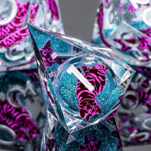 KERWELLSI Cat Liquid Core DND Dice Set with Gift Box, 7Pcs Resin Dungeons Sharp Edge D&D Dice, Dragons D and D Role Playing Dice D20 D12 D10 D8 D6 D4, Blue and Purple Cat - color: Blue Purple Cat