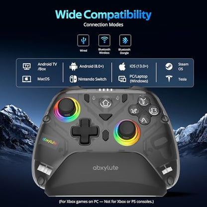 C8 PC Controller - Wireless Bluetooth Gamepad - Hall Effect Joystick RGB Backlit - 1000Hz Polling Rate -Dual Vibrate Macro Buttons for PC, Switch, Switch 2, Steam Deck, Android, iOS, MAC &Tesla Charging Dock - color: Black Transparent