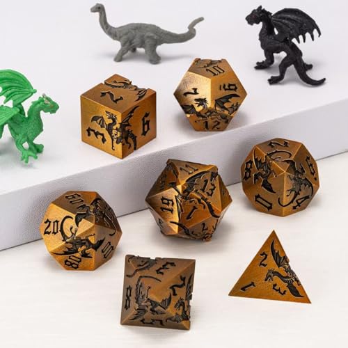 Metallic DND Dragon Dice Set,Sharp Edge Metal Polyhedral Dice with Dragon for Dungeons and Dragons RPG TTRPG D&D 7-Die Set with Gift Case - color: Dragon-antique Gold