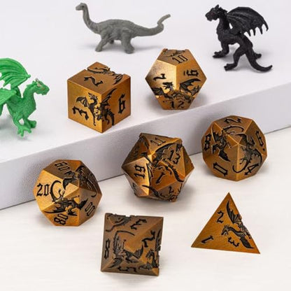 Metallic DND Dragon Dice Set,Sharp Edge Metal Polyhedral Dice with Dragon for Dungeons and Dragons RPG TTRPG D&D 7-Die Set with Gift Case - color: Dragon-antique Gold